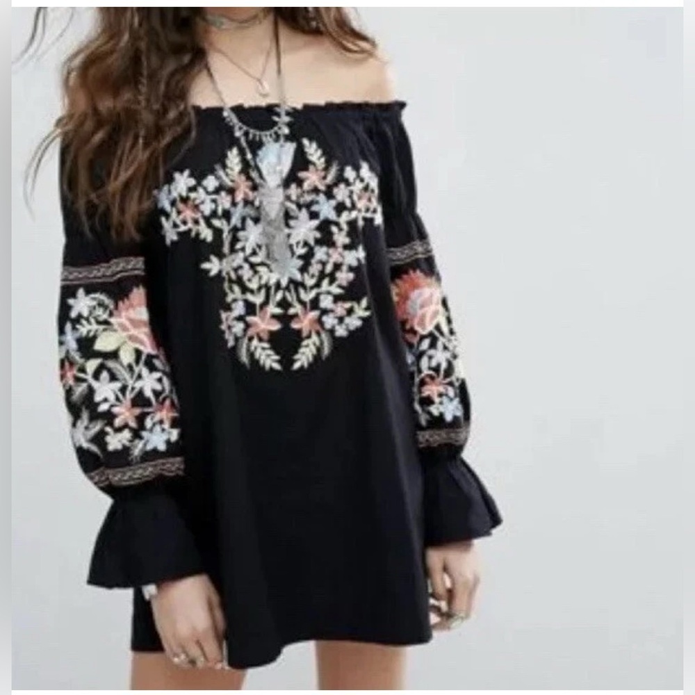 Free People Fleur Du Jour Black Floral Embroidered Off Shoulder Dress Black S